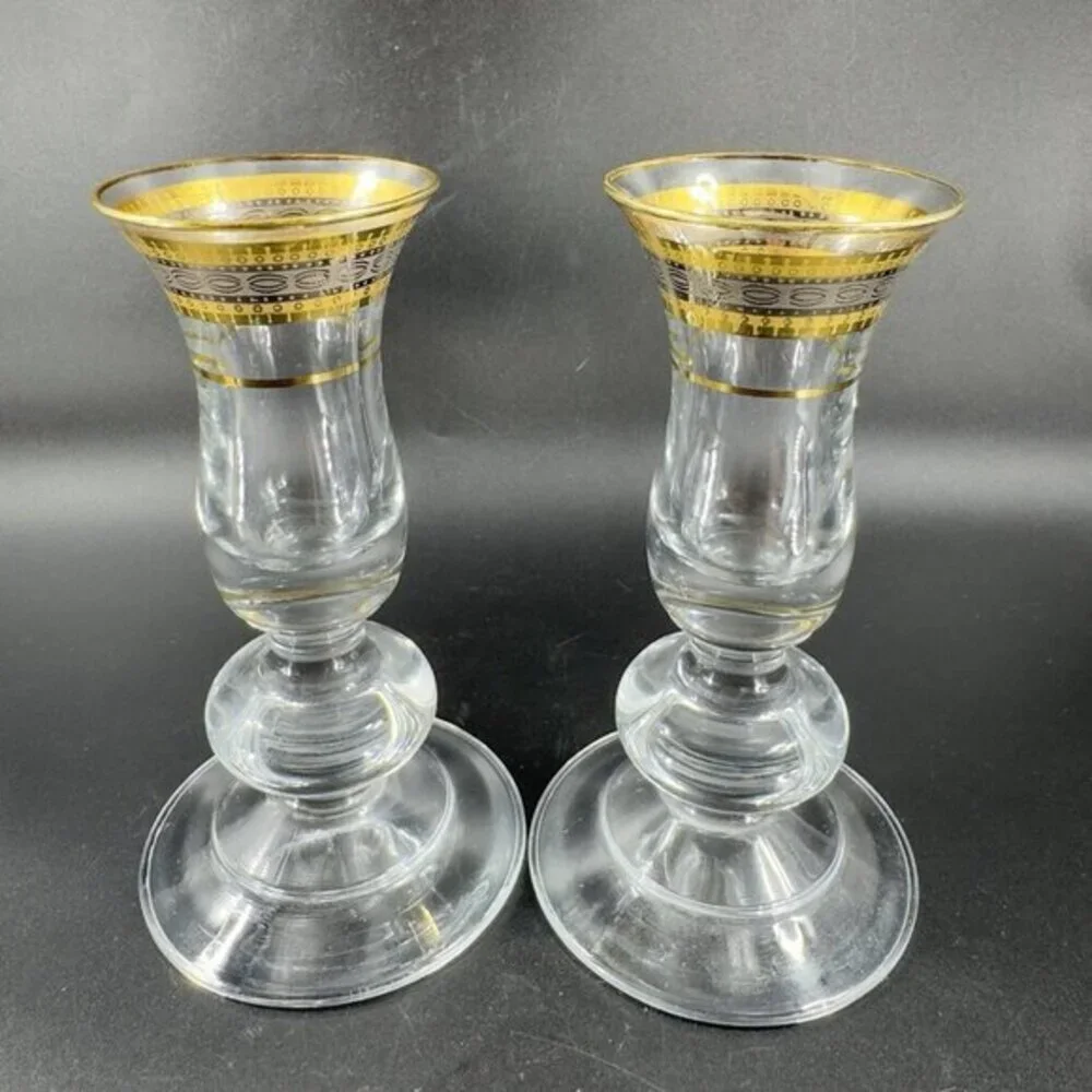 Vintage Glass Candlestick Holder Set 2 Clear Crystal With Gold Painted Decor Top